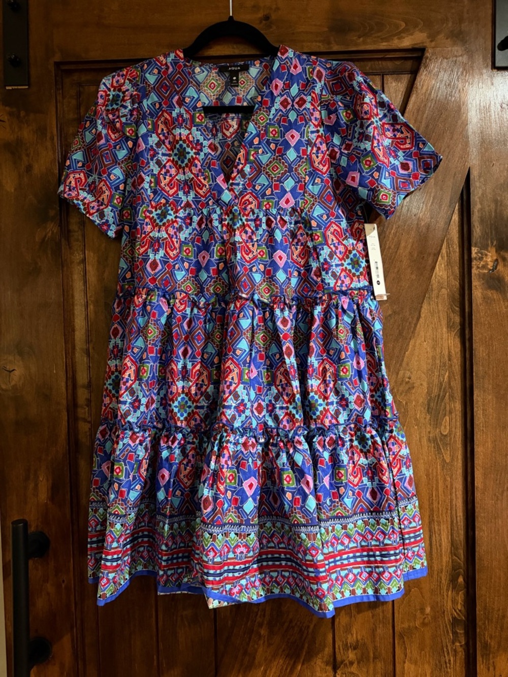 Aqua Mosaic Tile Puff Sleeve Dress - Picture 2 of 5